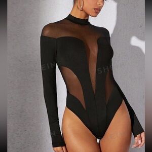BNWOT SHEIN Women’s Mock Neck Black/Sheer Long Sleeve Bodysuit